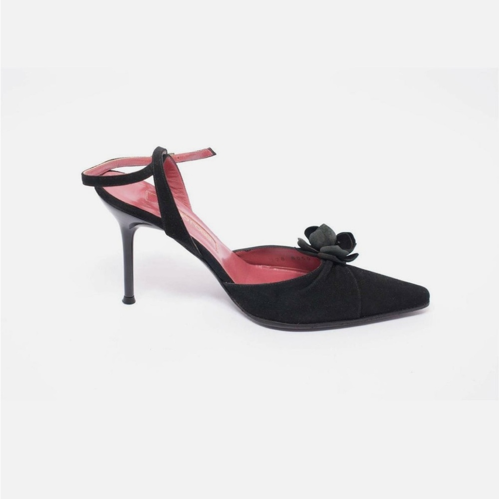 SERGIO ROSSI Black 100% Suede Flowered Ankle Strap 4" Stiletto Heels Sz EU 39 - Picture 11 of 16